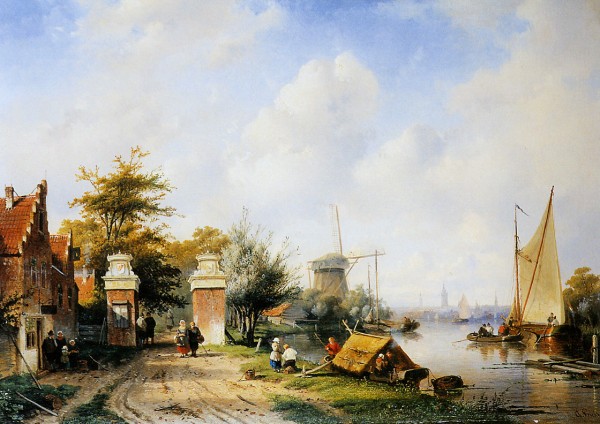 River scene with tollgate Sun by Charles Henri Joseph Leickert